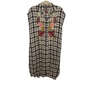 JOHNNY WAS Embroidered Plaid Duster Button down Sleeveless Top XS Fall Plaid